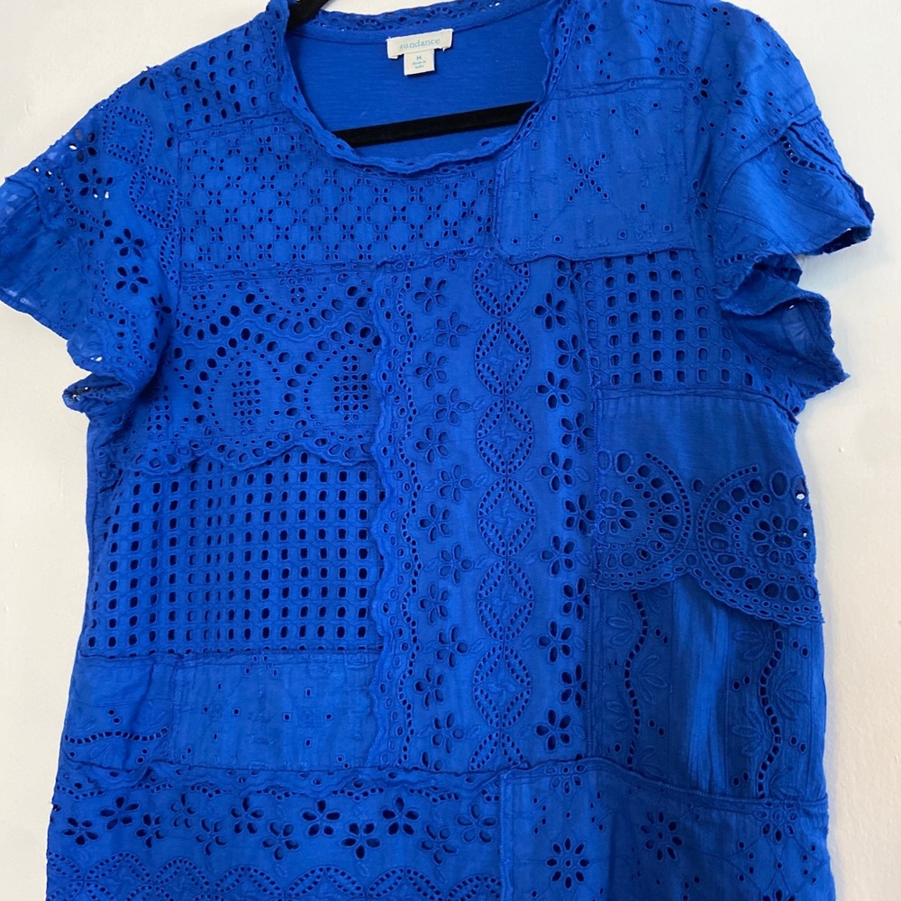 Sundance Eyelet Flutter Sleeve Cotton Tee Top Lined